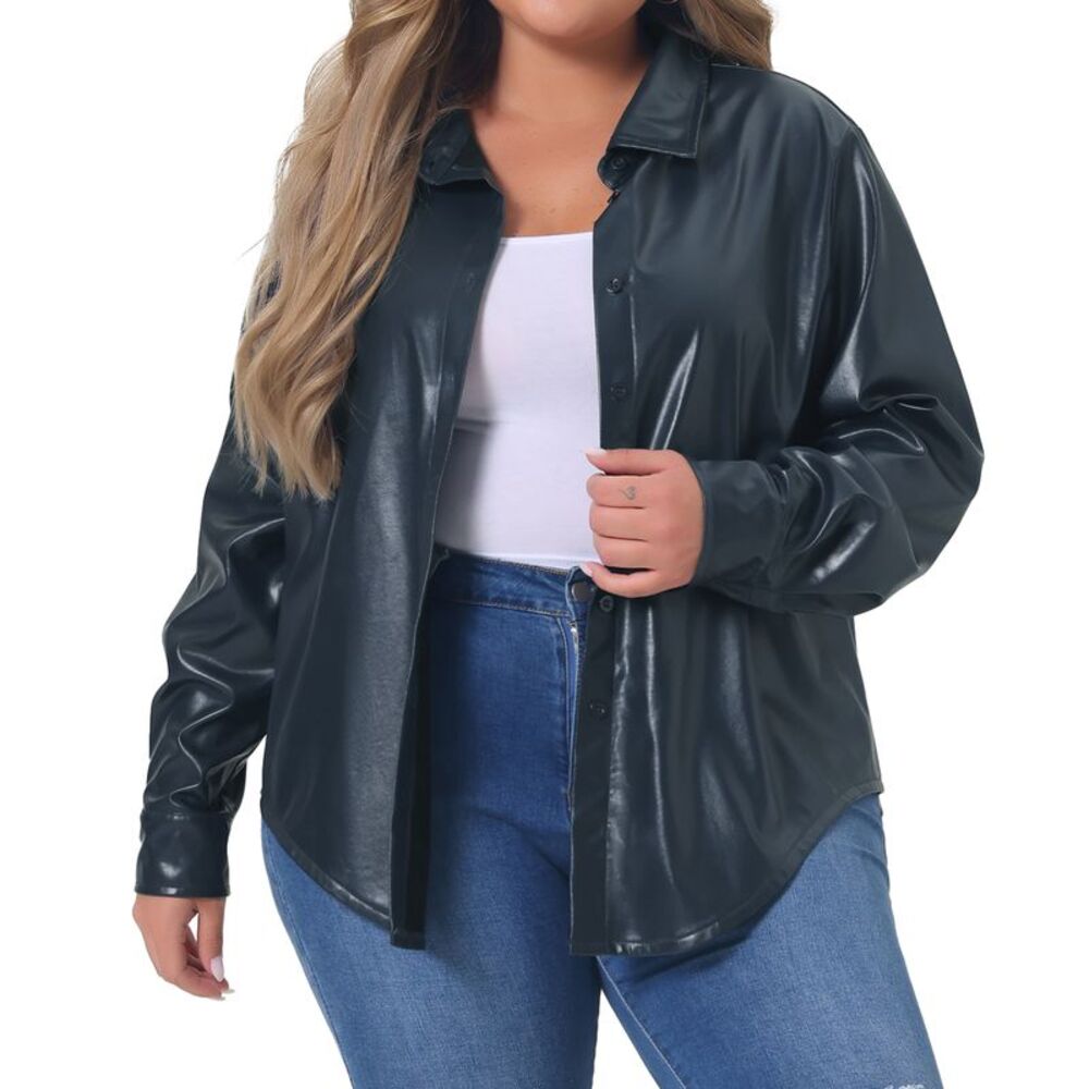 Plus Size Faux Leather Shacket Jacket for Women Button Down Shirts Dark Blue